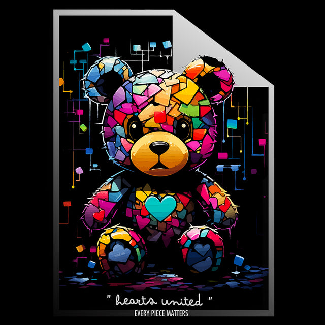 Grafica dettagliata di un orsetto Teddy multicolore con cuori e tessere di puzzle, accompagnato dalla scritta ‘hearts united’ e ‘EVERY PIECE MATTERS’, per la personalizzazione di abbigliamento.