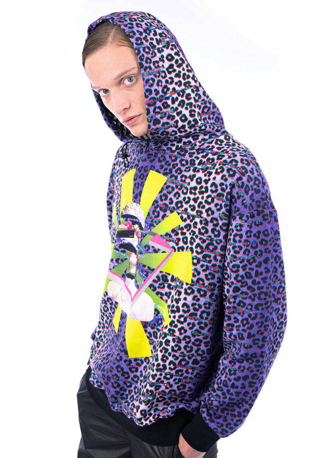 Felpa con cappuccio oversize - stampa leopardo su fondo viola