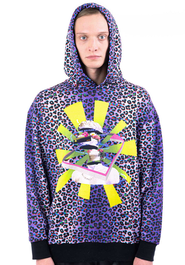 Felpa con cappuccio oversize - stampa leopardo su fondo viola